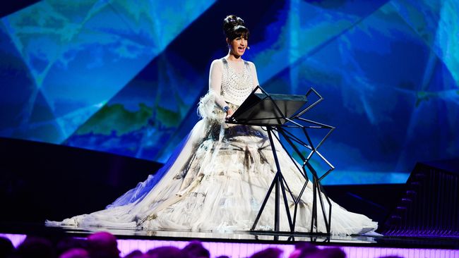 Petra Mede wearing a Jean-Paul Gaultier design while presenting Eurovision 2013